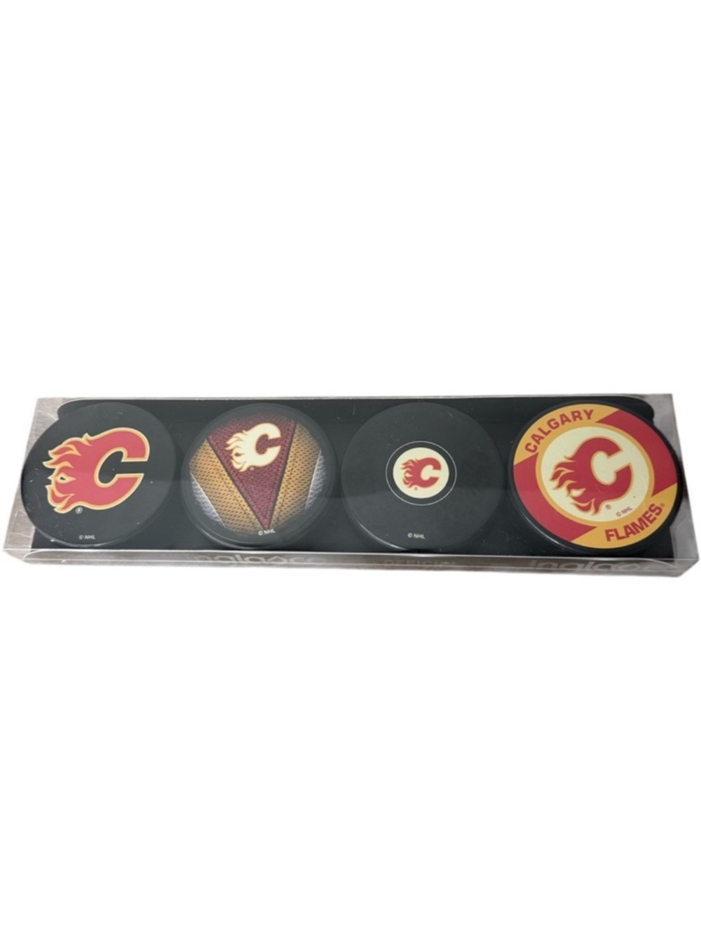 INGLASCO New NHL Official Calgary Flames Hockey Pucks 4 Pack Box Set Collectible